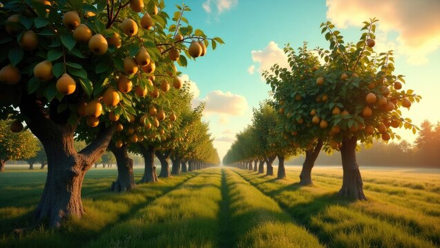 Orchard brimming with pear-laden trees at the Groninger Borg Verhildersum close to Leens.