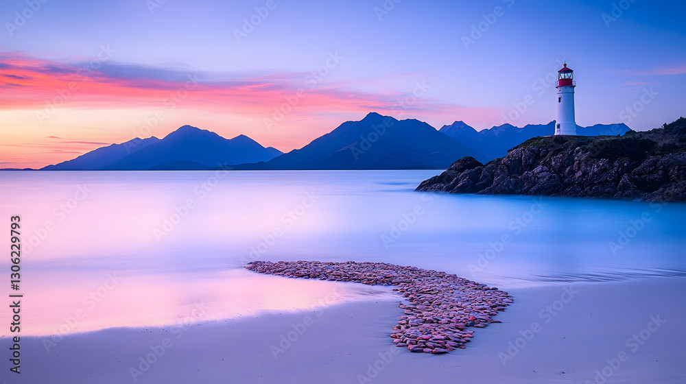 Poster a serene coastal scene featuring a lighthouse at sunset, surrounded by mountains and calm waters, cr