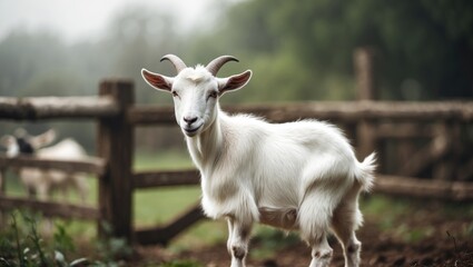Goat in a farm setting, a domesticated animal raised for its milk and meat products.
