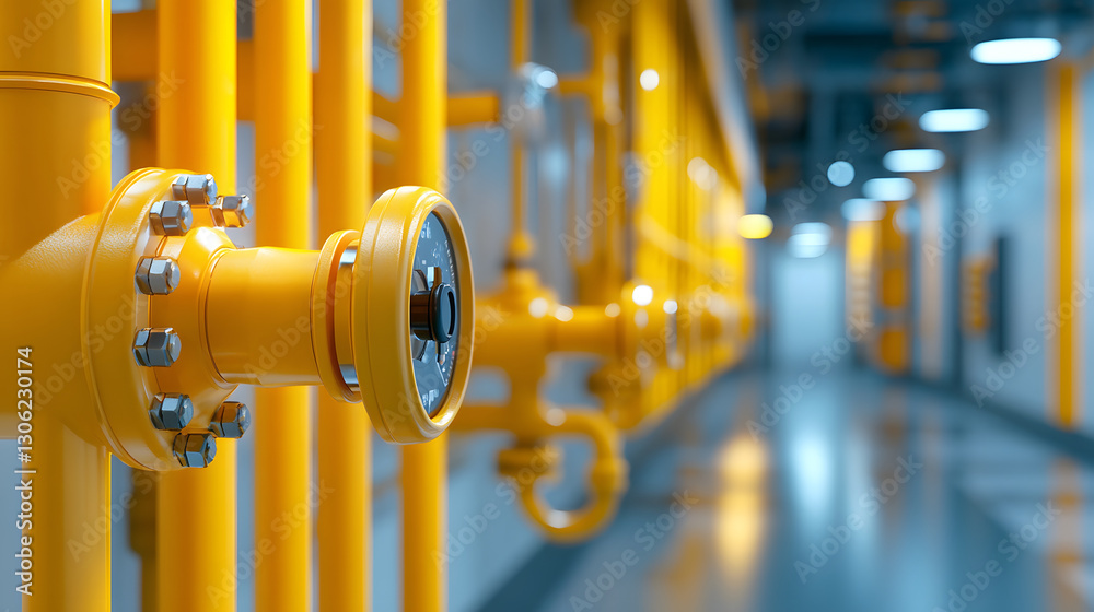 Poster a close-up view of yellow industrial pipes and a gauge in a corridor, highlighting modern infrastruc