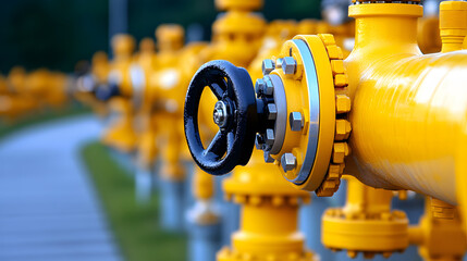 Obraz premium A row of industrial yellow valves with black handles, arranged along a pathway, suggesting utility and infrastructure