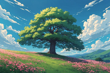 A solitary tree on a lush hill with pastel flowers swaying in the breeze under a soft blue sky with drifting clouds in anime style