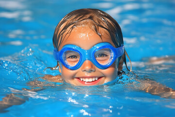 Naklejka premium Smiling Child Swimming In Blue Pool Water With Goggles Photo