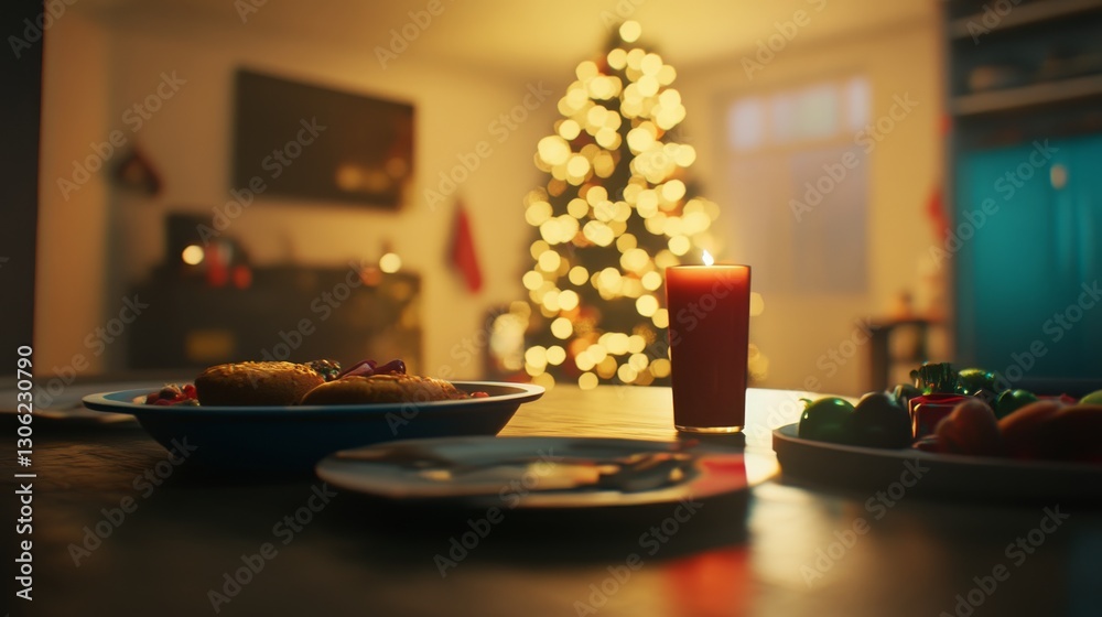 Poster dining table prepared for a festive holiday meal, featuring soft lighting and a glowing christmas tr