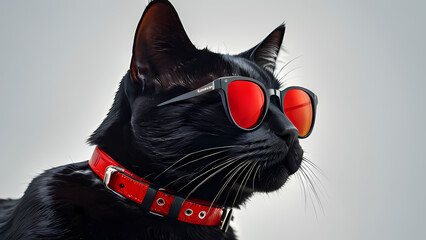 Cool black cat with sunglasses and red collar poses confidently against a minimalist background Generative AI