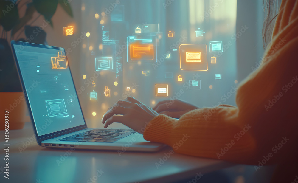 Wall mural secure online shopping and browsing on laptop with encryption technology
