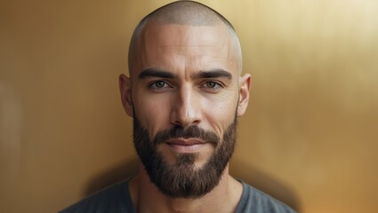 Fototapeta premium Man with a shaved head and a beard is standing in front of a gold background.