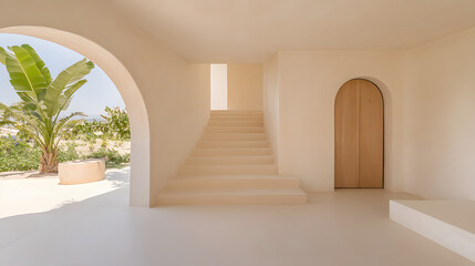 A serene, minimalist interior featuring neutral tones, arches, and natural light, creating a peaceful atmosphere with a glimpse of greenery outside