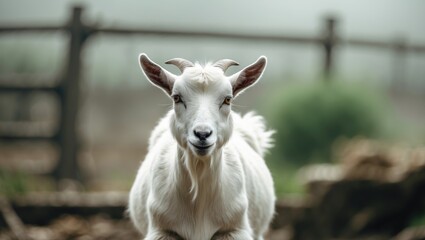 Fototapeta premium Domestic goat on a farm, raised for meat and milk production.