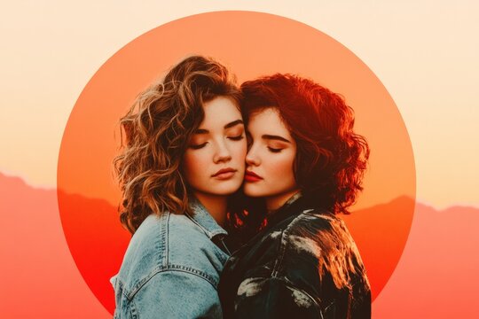 A vintage-style poster of two people hugging, with faded colors and elegant typography conveying warmth and nostalgia