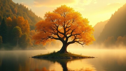 Sophisticated oak tree emblem or logo featuring a body of water, like a river or lake, with a golden gradient.