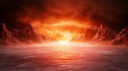Obraz premium Fiery Sunset over Dark Water and Silhouetted Mountains