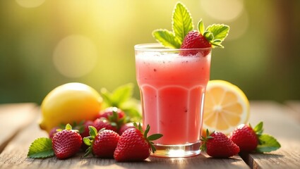 A glass featuring a delicious strawberry and lemon smoothie adorned with fresh strawberries and mint. Softly blurred focus captures this enticing pink strawberry treat, ideal for health and weight ...