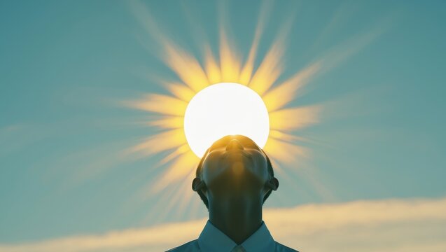 A mesmerizing portrayal of an individual transfixed by majestic radiance of sun evoking a sense of awe and fascination towards our celestial neighbor.