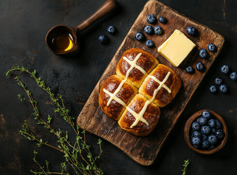 Freshly baked Hot Cross Buns on a rustic wooden table, topped with a signature white cross and glistening with a light glaze. A warm and inviting Easter treat, perfect for breakfast or afternoon tea