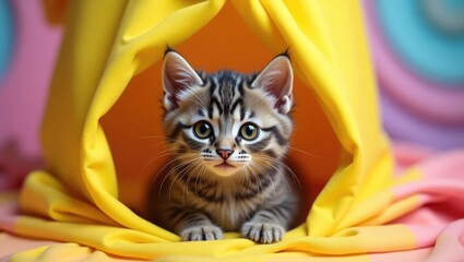 Playful gray tabby kitten with charming, big eyes against a vibrant yellow background. A lovely fluffy kitten peeks out from a colorful fabric backdrop. No text present.