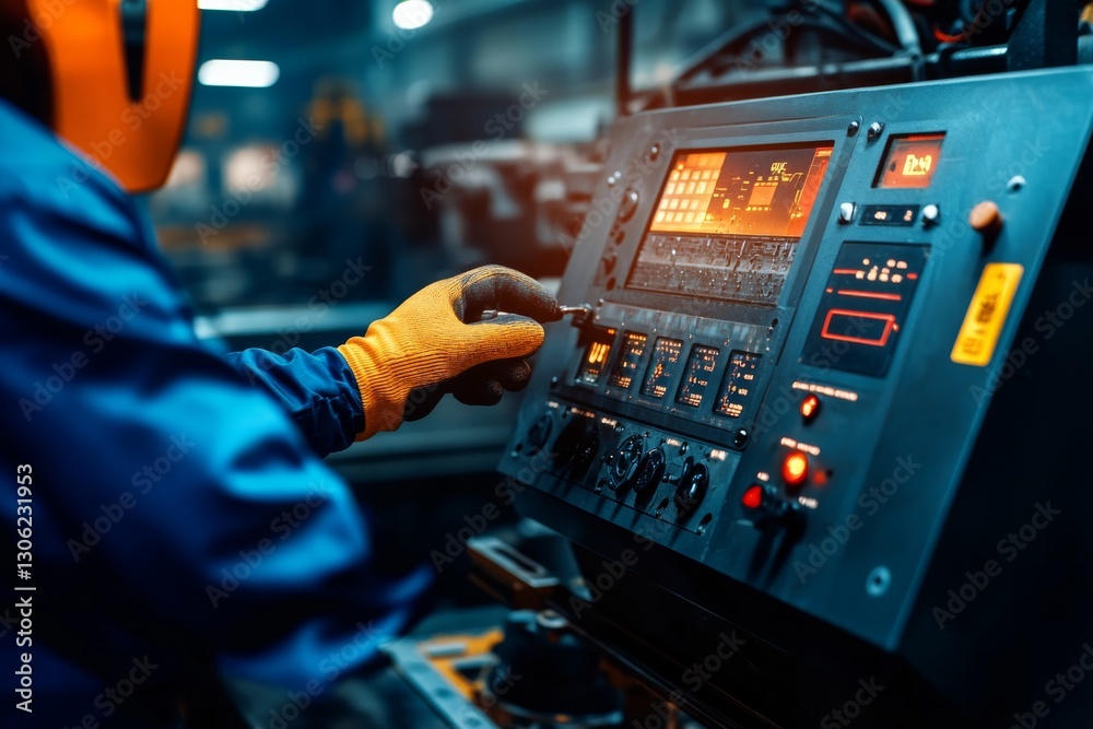 Poster a gloved hand operates a cnc machine's control panel, showcasing attention to detail in a busy indus