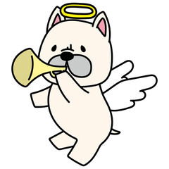 ラッパを吹いている天使の格好をしたフレンチブルドッグ