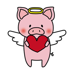 Naklejka premium 赤いハートを持っている天使の格好をしたぶた