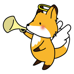 ラッパを吹いている天使の格好をしたキツネ