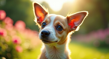 Humorous canine with large ears set against a softly blurred park backdrop in summer.