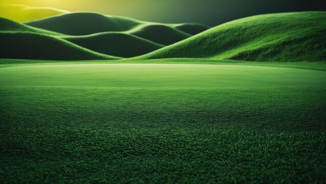 Aerial view of a golf course featuring vibrant green turf, with a realistic lawn creating a natural landscape in shades of green and yellow.