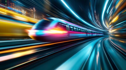 High Speed Train In Futuristic City Tunnel At Night Timelighting