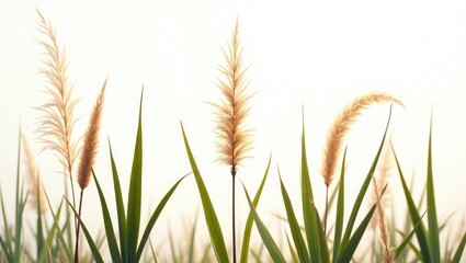 Pampas Grass, Cattail, Bulrush, and Narrowleaf Reedmace Isolated Against a Light Background