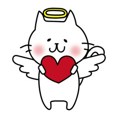 赤いハートを持っている天使の格好をした白い猫