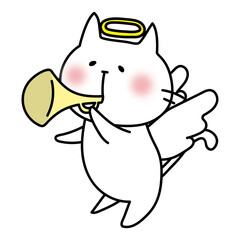 ラッパを吹いている天使の格好をした白い猫