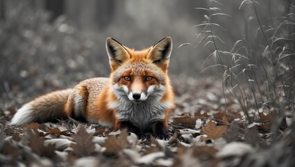 Fox resting among grass and dried leaves