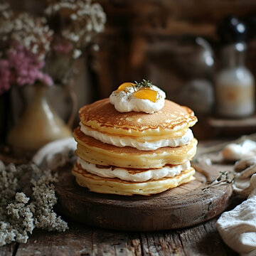 Stack of Delicious Kosovar Flia Pancakes on Rustic Wooden Board Display