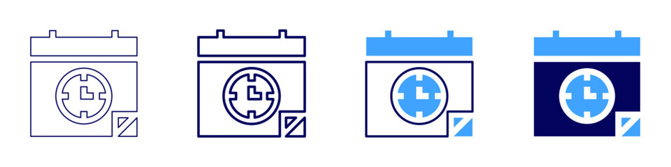 Calendar organizer app icon in 4 different styles. Thin Line, Line, Bold Line, Duotone. Duotone style. Editable stroke