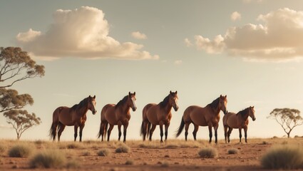 Fototapeta premium Group of wild brumbies roaming in the Australian wilderness