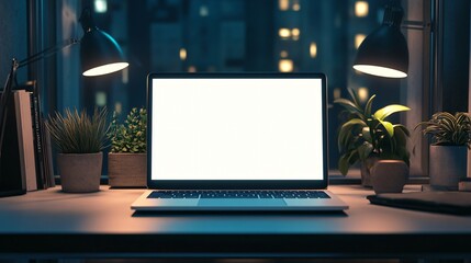 Fototapeta premium Cozy workspace with laptop and plants illuminated at night