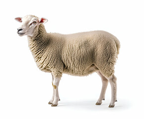 Naklejka premium Studio shot of a sheep standing in a white backdrop showcasing its wool
