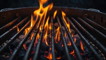 Charcoal Grill Ignited with Flames Against Dark Background in Close-Up. Concept of Summer Outdoor Barbecue or Picnic Gathering.
