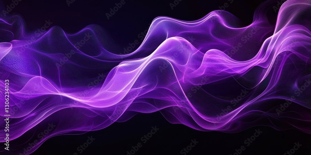 Poster ethereal flowing purple waves with soft curves and glowing light creating a tranquil and mesmerizing