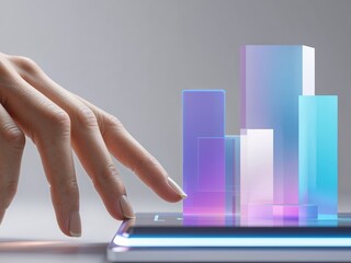 Hand interacting with data visualizations on a digital interface.