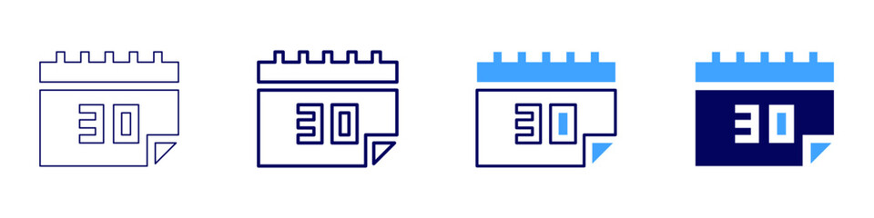 Calendar software icon in 4 different styles. Thin Line, Line, Bold Line, Duotone. Duotone style. Editable stroke