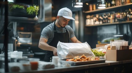 Chef preparing fresh dishes in a modern restaurant kitchen with vibrant ingredients and a lively atmosphere at night