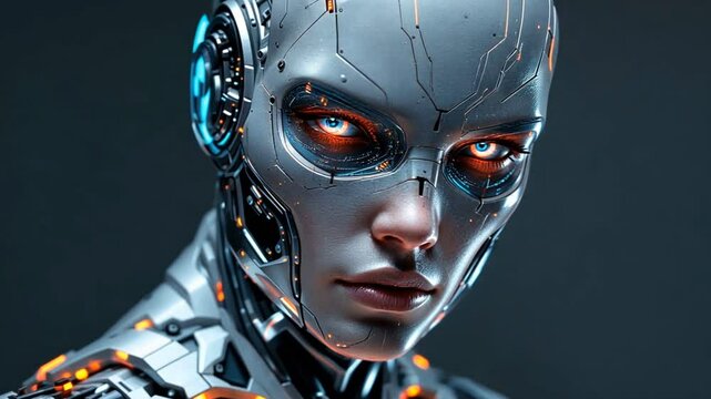 A detailed close-up of a female cyborg's face, showcasing her advanced technology and striking orange eyes.  A blend of human and machine aesthetics.
