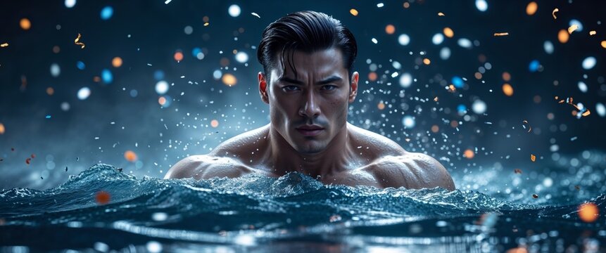 Powerful Man Emerging from Water During a Nighttime Celebration