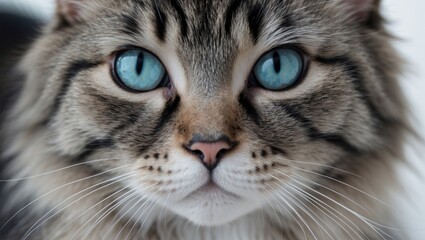 Adorable striped cat with striking blue eyes.