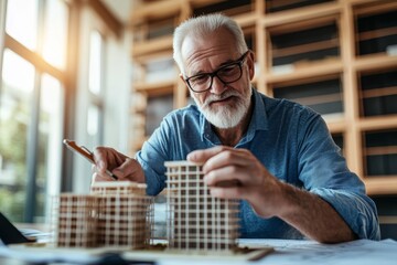Real estate developer and architect engage in discussion over a scale model of an office building, surrounded by blueprints and technology, focusing on project details