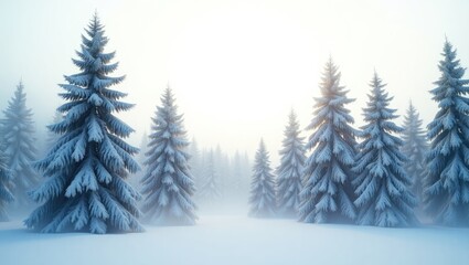 Snow-draped fir trees set against a white backdrop