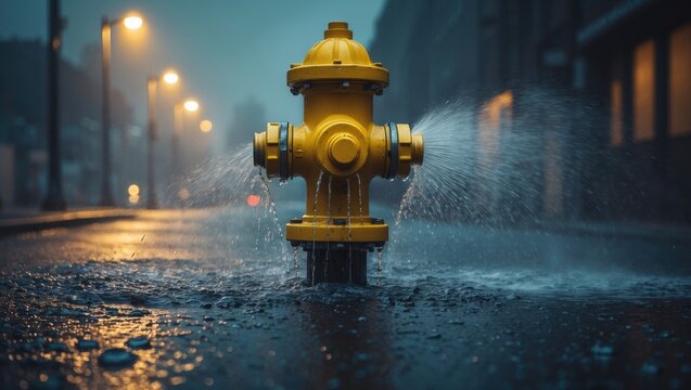 Yellow fire hydrant fully opened, releasing water onto the street with a slightly grainy effect as the water splashes back onto the pavement.