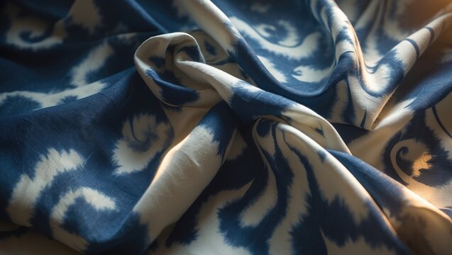 White and blue fabric featuring a continuous batik design with shibori elements.