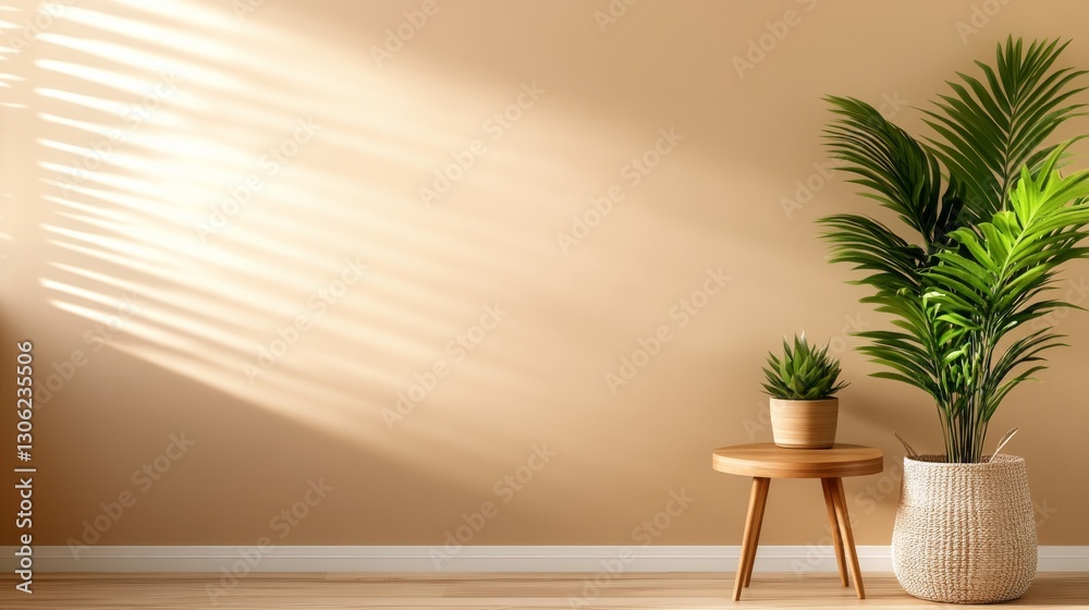 Leinwandbilder Clean lines of a wooden shelf and side table complement a light beige wall, creating a modern atmosphere enhanced by greenery in simple pots