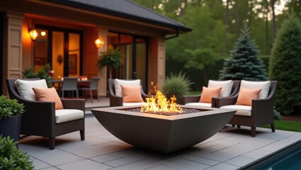Obraz premium Outdoor deck featuring a spacious gas fire pit